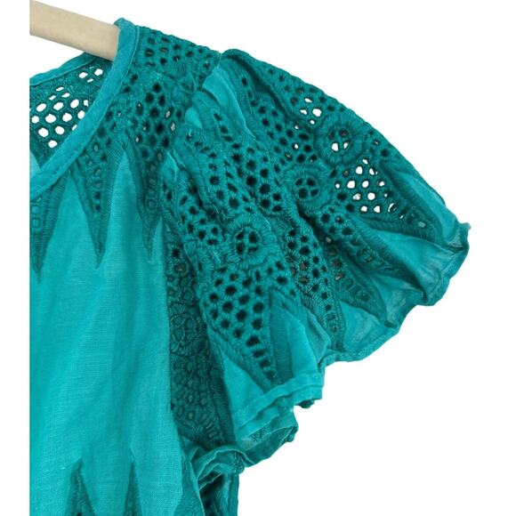 Milly Eyelet Embroidered Short Sleeve Blouse Teal Green Size 4 - Picture 3 of 6